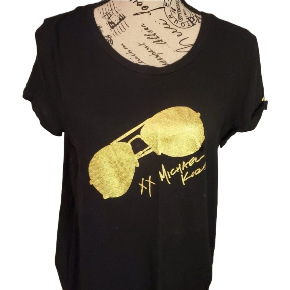 Michael Kors Black Gold Signature Logo Cotton T-shirt Large - Picture 2 of 8